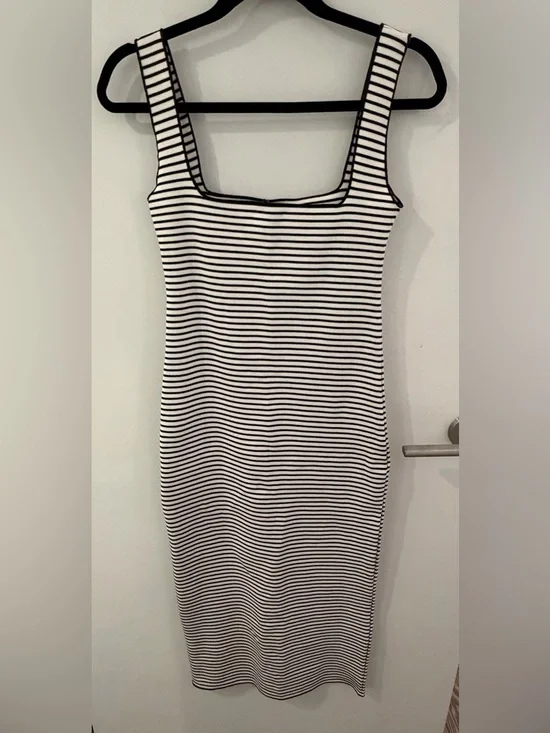 Zara NWT Striped Square-Neck Dress in Black and White Size Medium - Picture 3 of 5